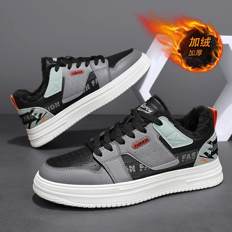 Fashion Men's Casual Shoes Low-top Plus Velvet Korean Style Daily Sneakers Lace-up Comfortable and Warm Outdoor Male Sneakers