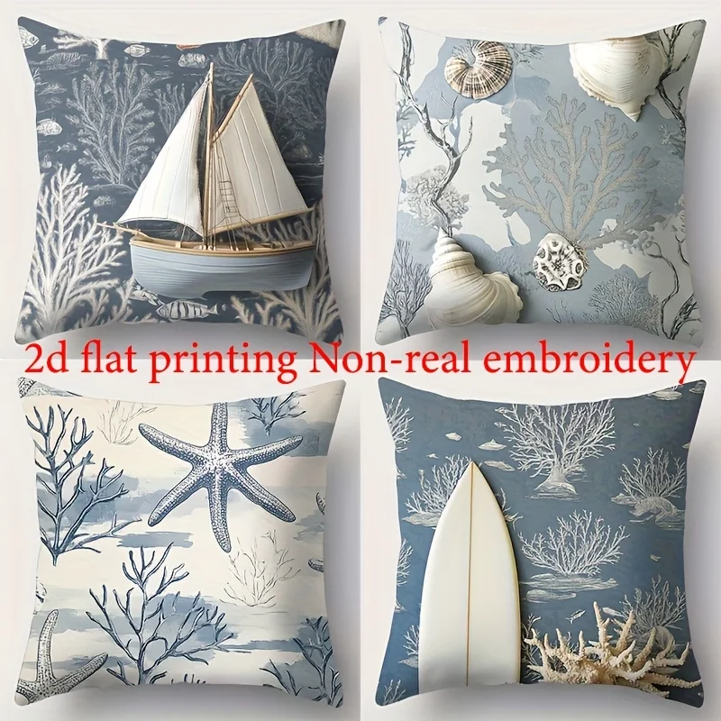 Ocean-themed 2d flat printing pillows Non-real embroidery Polyester pillowcase, sofa decorative cushion cov Headboard Pillow