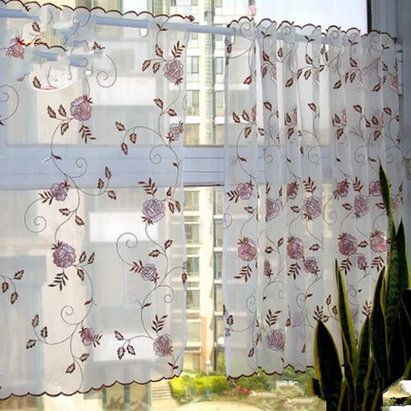 High-grade semi curtain gauze embroidery curtain fabric finished pastoral kitchen curtains coffee curtain  window