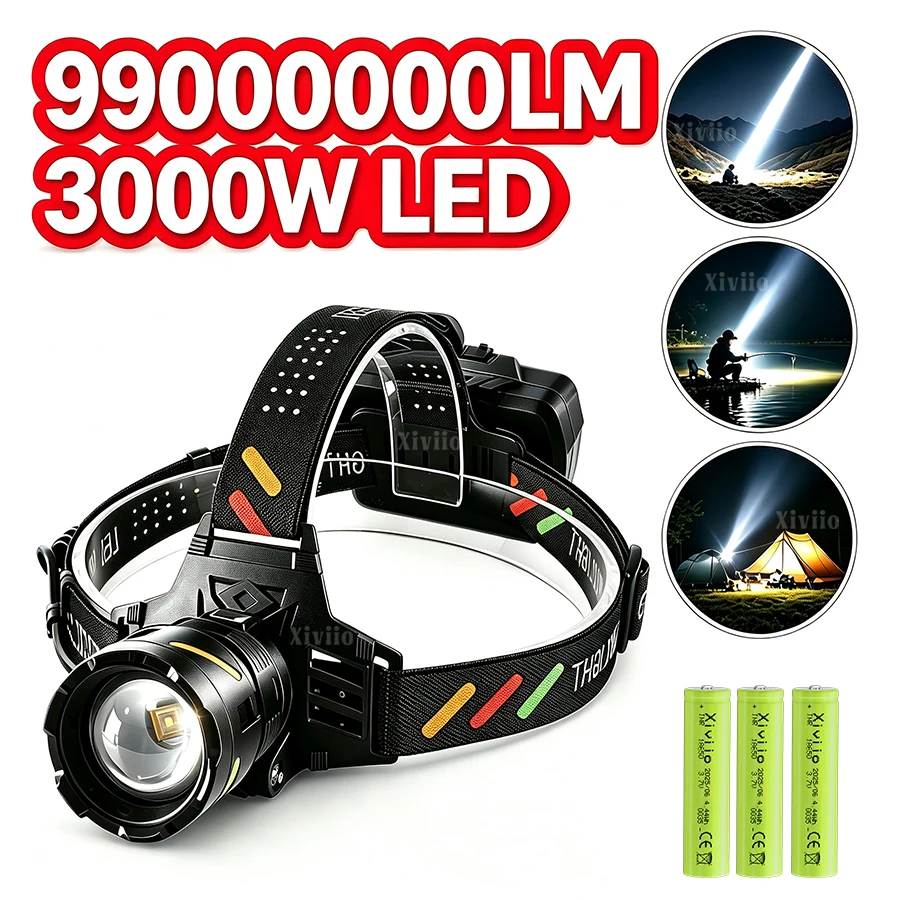 NEW 99000000LM High Power LED Headlight 3000W Ultra Bright Head Torch Long Range 5000M Head Flashlight 18650 Camping Fishing
