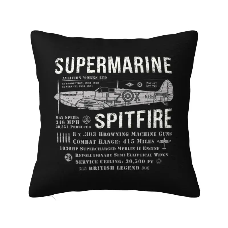 Custom Luxury Supermarine Spitfires Cushion Cover Soft Fighter Plane WW2 War Pilot Aircraft Airplane Throw Pillow for Car Square