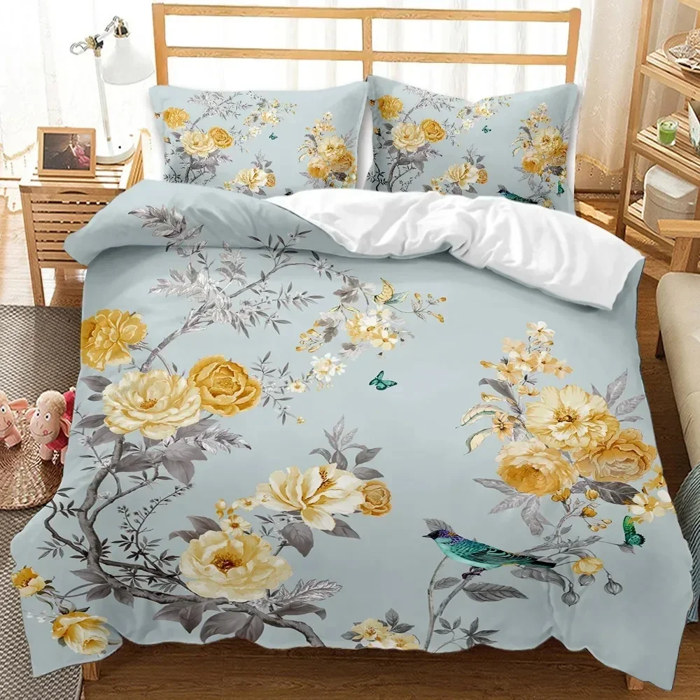 Vintage Botanical Flower Bedding Set Romantic Floral Duvet Cover Antique Drawing of Lilies Daisy Blossoms Polyester Quilt Cover