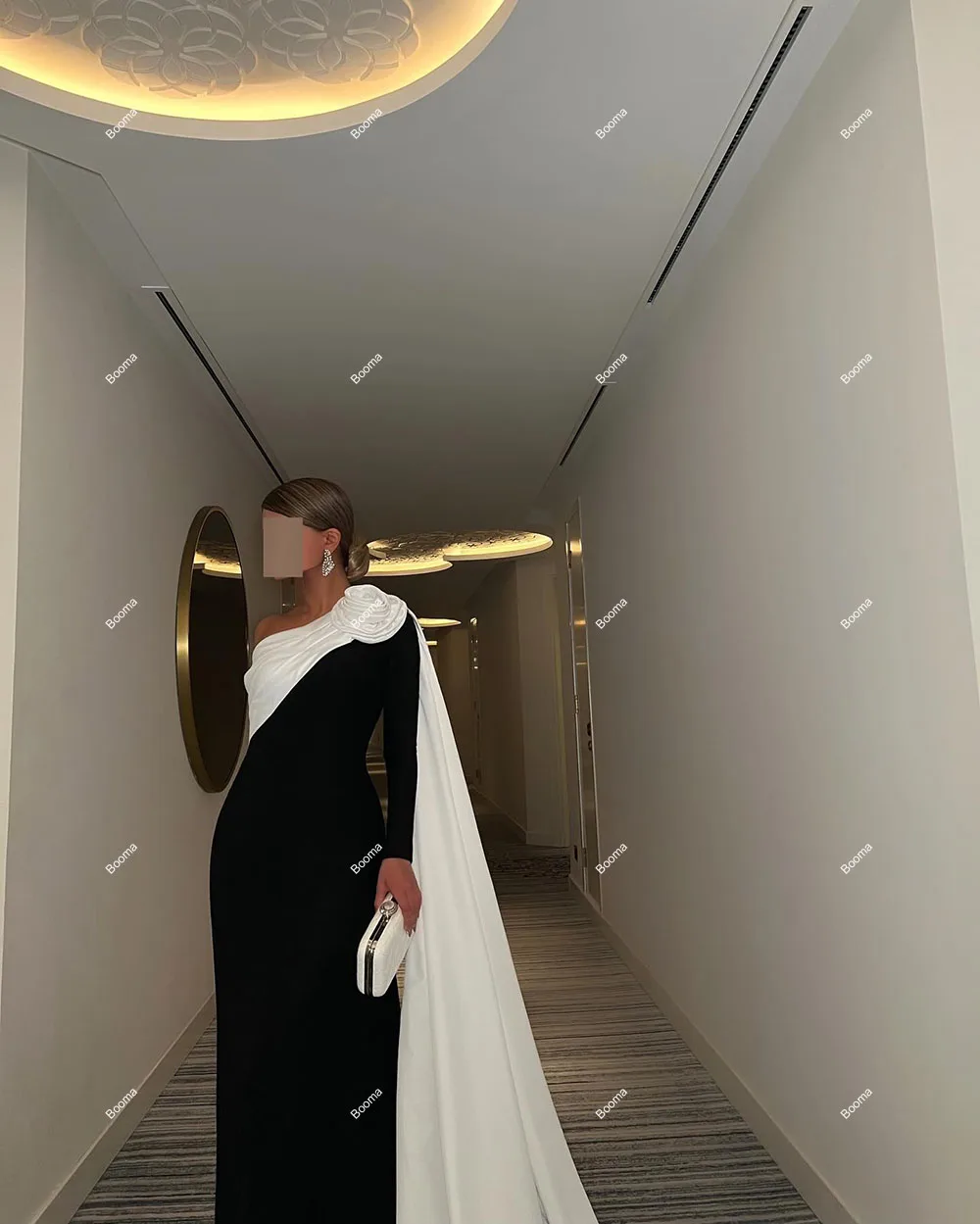 Booma Black and White Mermaid Evening Dresses One Shoulder 3D Flowers Cape Formal Occasion Gowns for Women Arabic Prom Dress