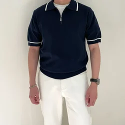 Smart Casual Simplicity Summer Polo Shirts Men Turn-down Collar Striped Contrast Color Zipper Minimalist Slim Short Sleeve Tops