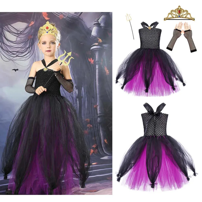 Children Ursula Cosplay Costume Girls Jumpsuit Kids Tutu Dress Headband Gloves Wand Full Set Outfits Halloween Carnival Suit