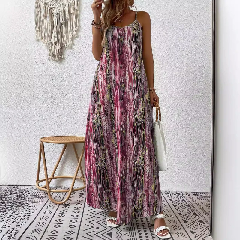 

Summer Vintage Robe Fashion Women Casual Print Long Dress Sexy Sleeveless Spaghetti Strap Dress 2024 Beach Party Loose Dresses