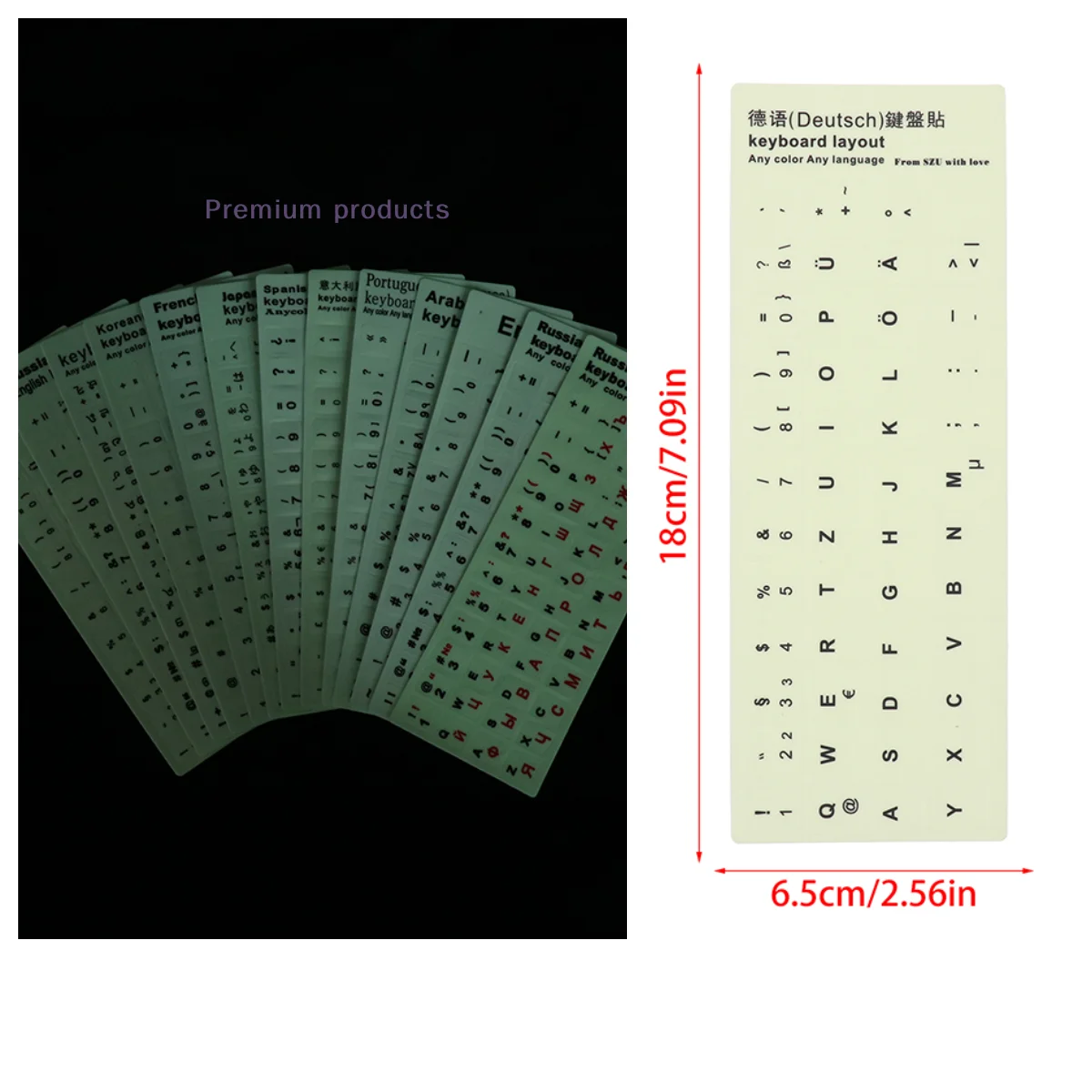 

1PC Luminous Keyboard Film Spanish,Russian,Arabic,French,English Etc Language Fluorescent Keyboard Letter Protective Stickers