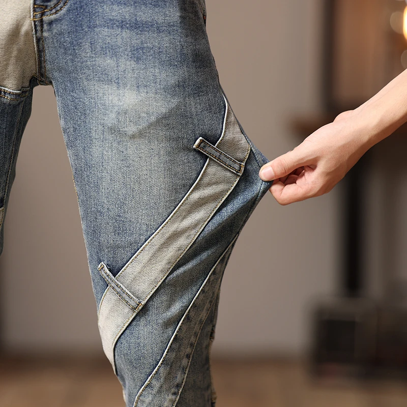 Fashion Stitching Jeans Men's 2023 Winter Slim Fit Ankle Tight Trousers Personality Street Trend Pu Shuai Men's Trousers