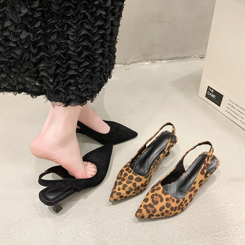 Women\'s Low Heel Slingback Sandals Summer Leopard Pointed End Woman Mules ZAZA  Fashion Animal Print Low-heel Beach Shoes