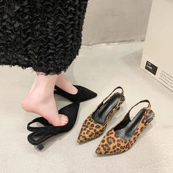 Women's Low Heel Slingback Sandals Summer Leopard Pointed End Woman Mules ZAZA  Fashion Animal Print Low-heel Beach Shoes