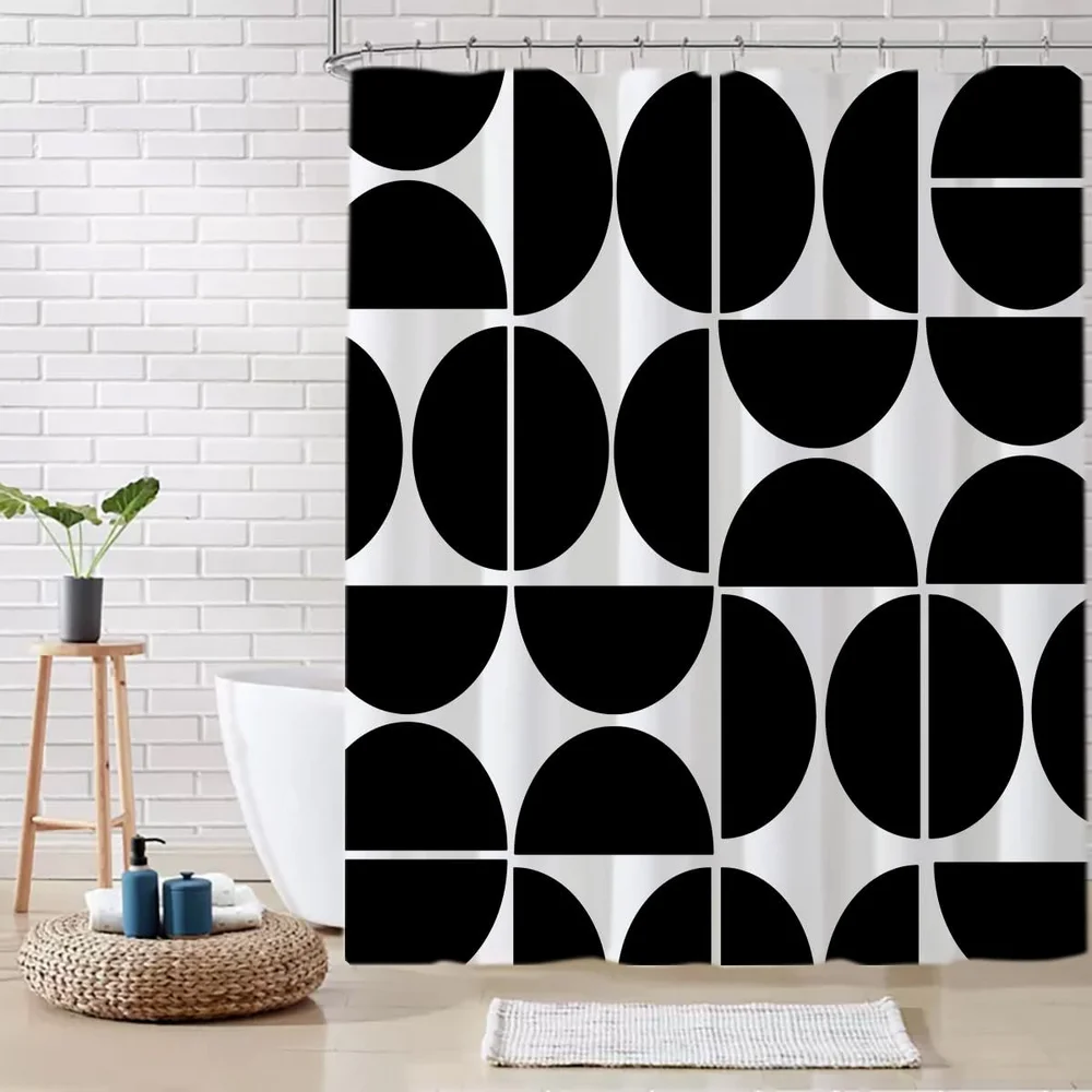Green Mid-Century Modern Shower Curtain – Boho Abstract Geometric Pattern Shower Curtain, Retro Art Bathroom Decor 12PCS Hooks