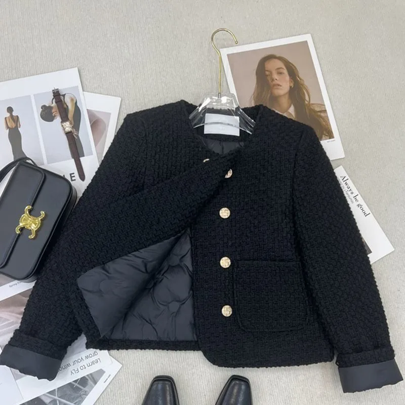 New French Black Tweed Short Jacket Women Thicken Woolen Cotton-padded Coat Autumn Winter O-neck Double-breasted Loose Outerwear