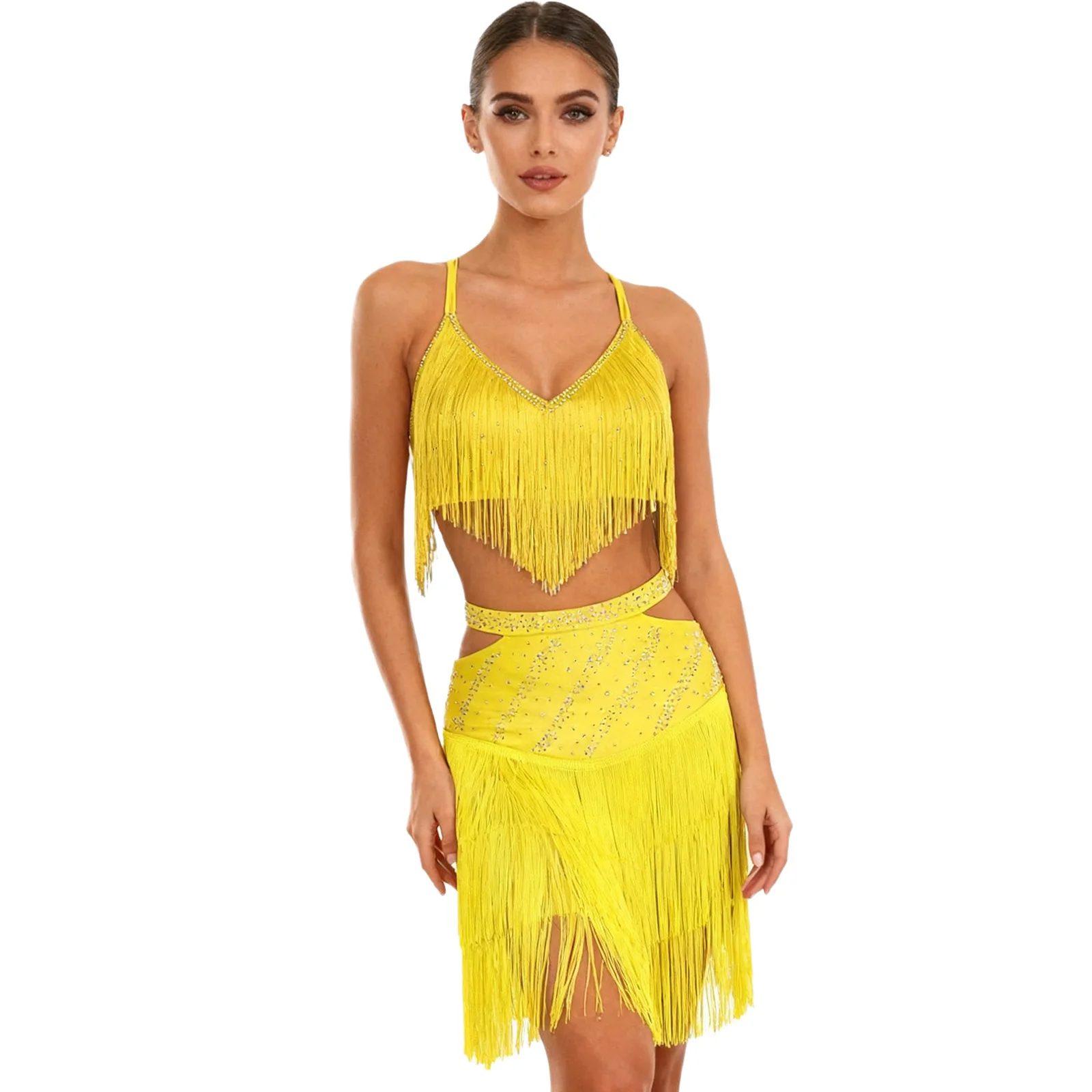 النساء شرابة الراين اللاتينية السالسا التانغو ملابس الرقص الشرقي أداء زي تقاطعات الظهر المحاصيل الأعلى وتنورة انقطاع #2