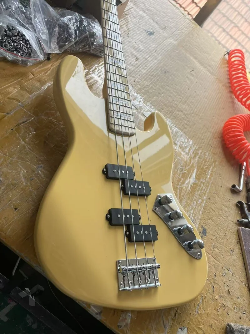 Custom 4-string electric bass, Cream body, natural neck, P Bass pickup, string through body, free shipping