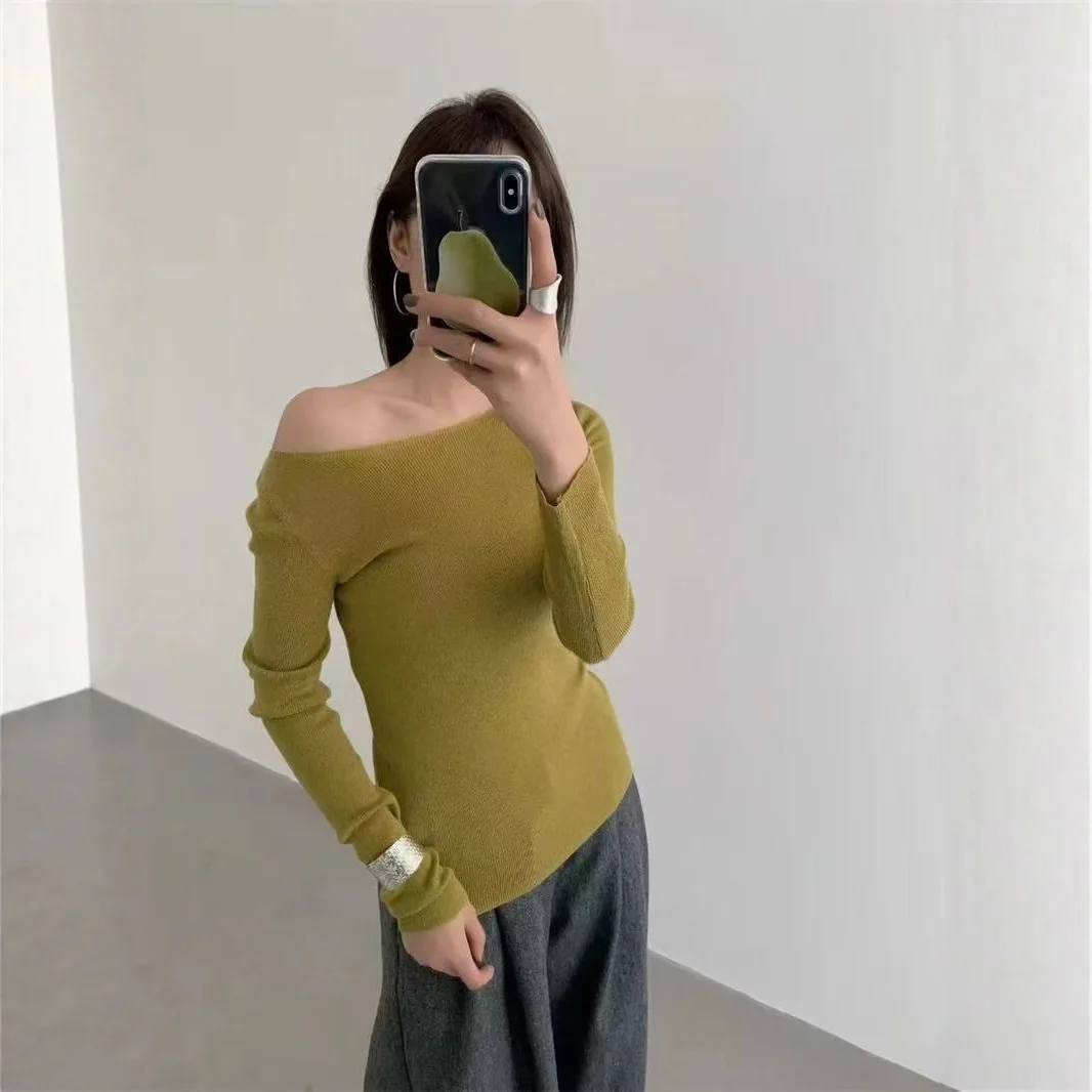 

Women Off the Shoulder Slim Knit Top Autumn Winter Long-Sleeve Color Solid Body-Con Knitwear Sexy Commuting Chic Bottoming-Shirt
