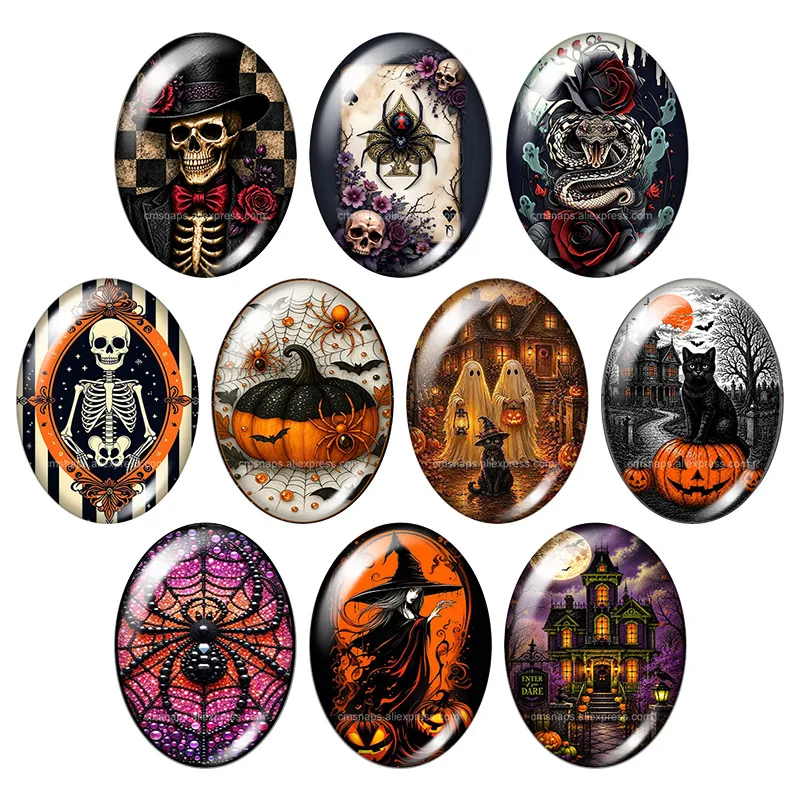 Halloween Skull Spider Cat Witch Pumpkin Ghost 13x18mm/18x25mm Oval Photo Glass Cabochon Demo Flat Back Accessories DIY Jewelry