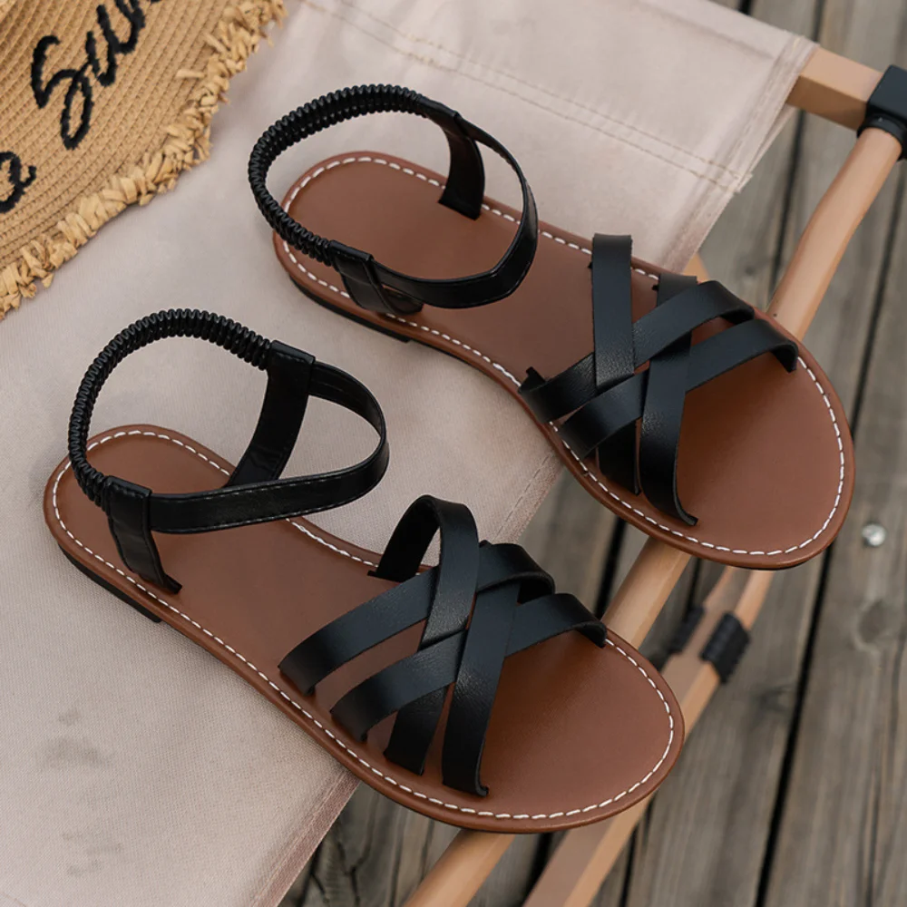 Sepatu wanita, musim panas baru wanita datar bawah Roman tali sandal dengan Non Slip sol karet Fashion sepatu wanita ukuran 36-43