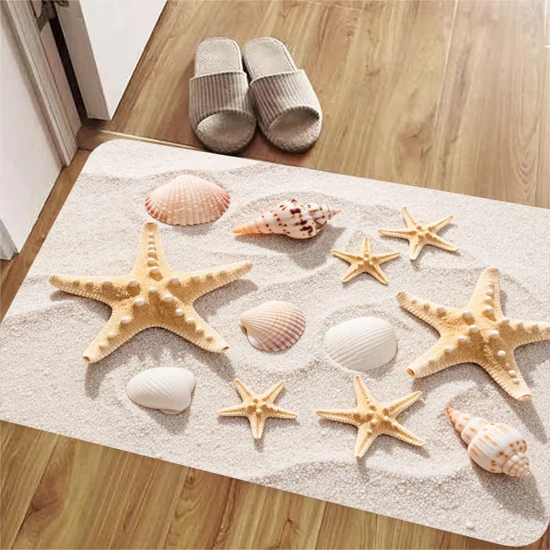 Sandy Beach Starfish Shell Doormat Realistic Seashore Sand Texture Marine Pattern Non Slip Entrance Mat Indoor Outdoor Decor