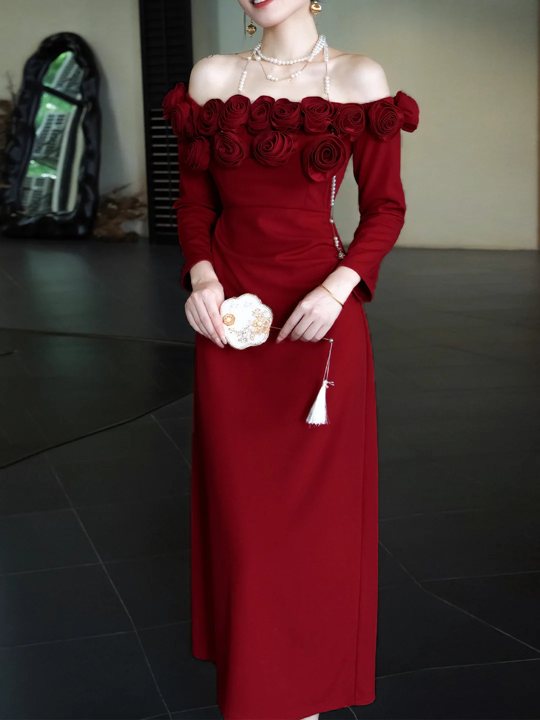 

Красное облегающее вечернее платье на одно плечо в корейском стиле для женщин, свадебное, для выступлений, повседневное, длинное, с рукавами