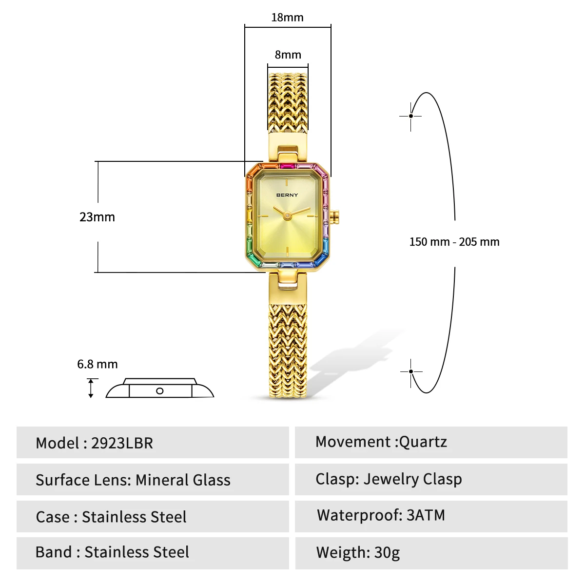 BERNY Women Rectangle Wristwatch Gold Quartz Fashion Jewelry Bracelet Set Minimalist Watch Multicolored Stone Ladies Watches