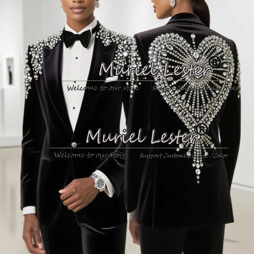 Exclusive Beaded Stones Velvet Women Suits 2 Piece Sets Single Breasted Prom Blazers Customized Ladies Wedding Tuxedos Outfits