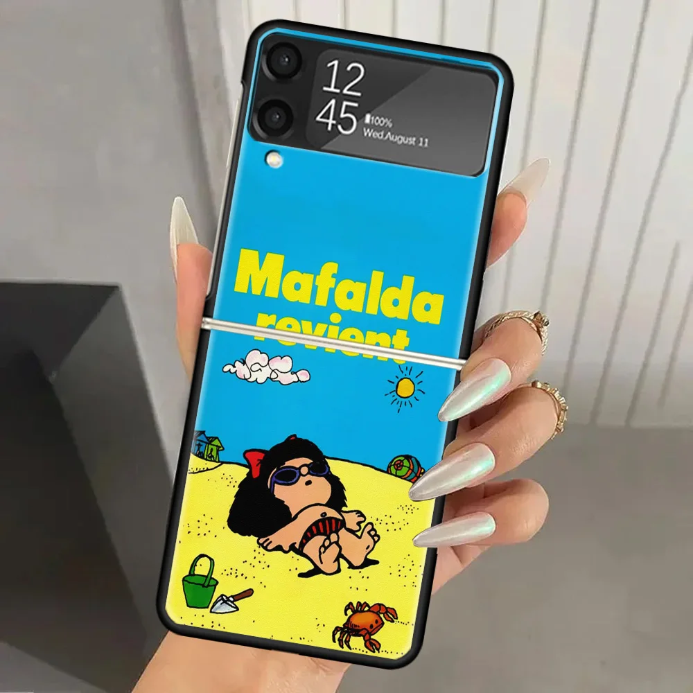 Mafalda Cartoon Hard PC Phone Case For Samsung Galaxy Z Flip 6 5 4 3 Black Cover ZFlip6 Flip5 Flip4 5G Foldable Print Cases