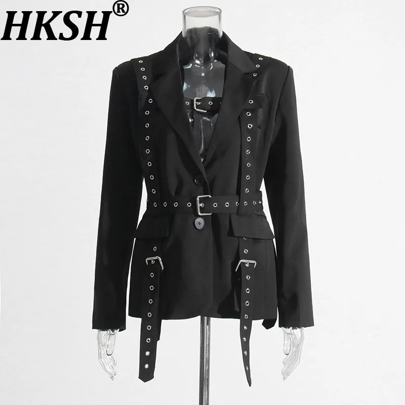 

HKSH Autumn New Women Blazer Single Breasted Personality Design Patchwork Lace-Up Waist Slimming Streetwear Stylish Coat HK11494