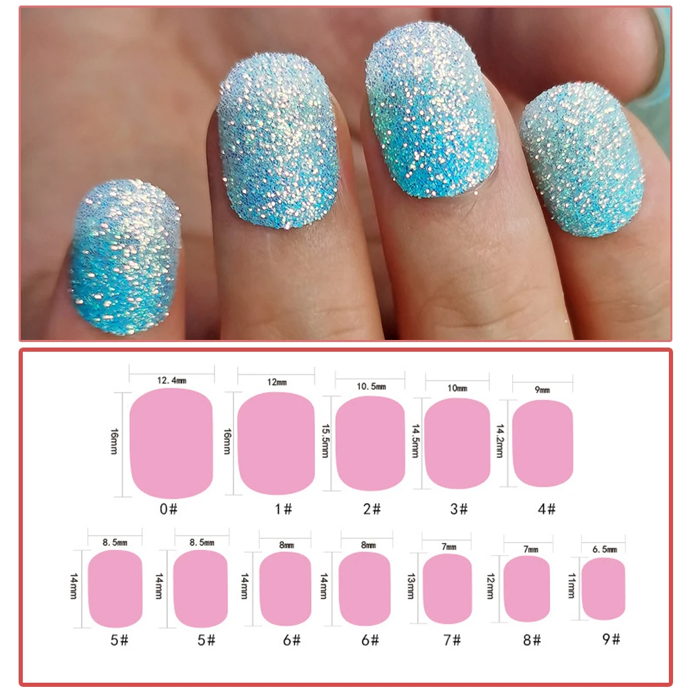 24 Pcs Blue Kids Press on Nails Pre-glue Children False Nails Stick on Short Holo Pink Glitter Full Cover Artificial Fake Nails