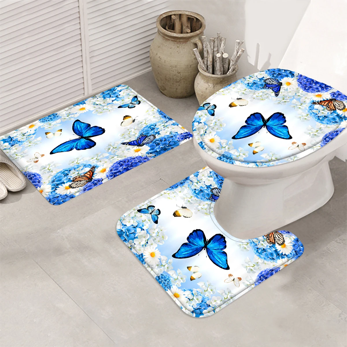 1/4 Piece Shower Curtain Set, Waterproof Bathroom Partition Curtain with Hooks, Anti-Slip Bath Rug, U Shape Mat, Toilet Seat Cov