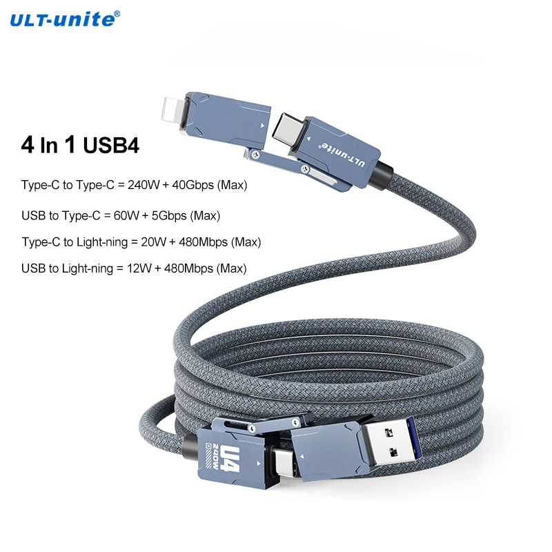 USB4 Cable 4 in 1 Cable 240W Fast Charging Data Line USB 40Gbps Transmission Multi Charge Cord for iPhone 15 Pro Galaxy