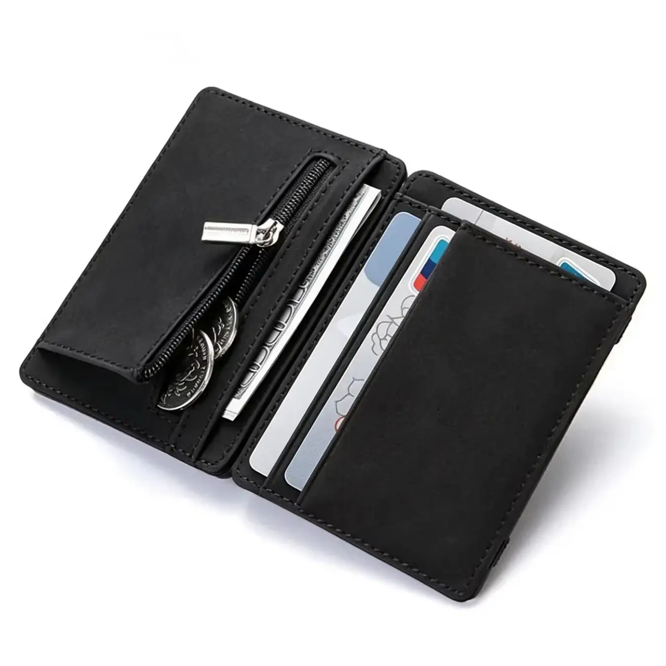 Men's BiFold PU Leather Card Holder Magic Wallet Ultra Thin Small Thin Credit Card Holder Coin Purse Zipper Pocket Cash Clip Bag