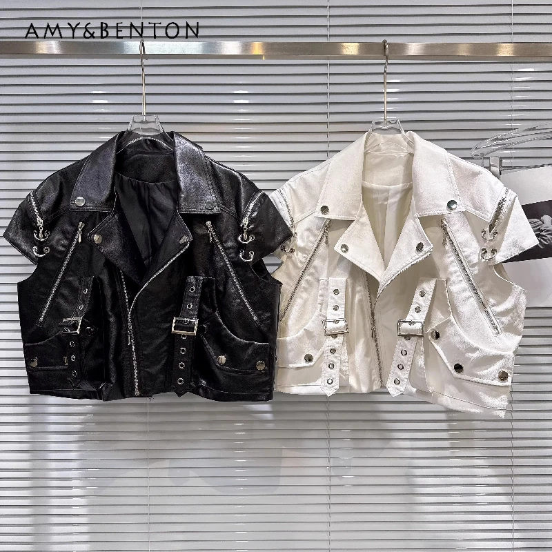 

Punk Sweet Cool Hot Girl Metal Zipper Design Women's Vest 2026 Spring New Fashion Locomotive PU Leather Vests Jackets Ladies