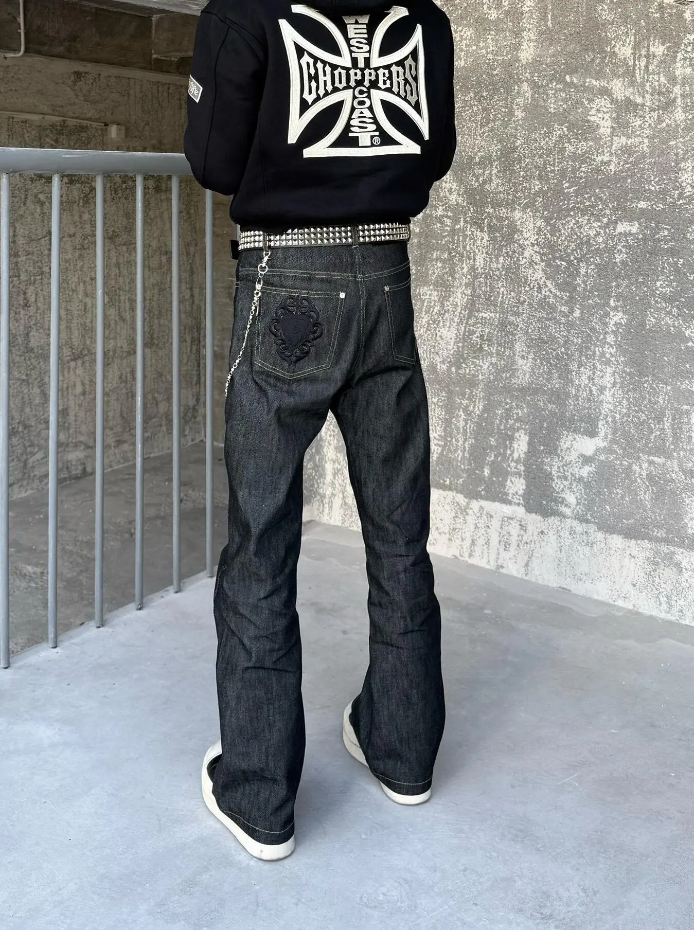 

Retro American Vibe High Street Embroidered Patchwork Cool Jeans Men's Loose Straight Leg Bell Bottoms Trendy Blue Denim Pants