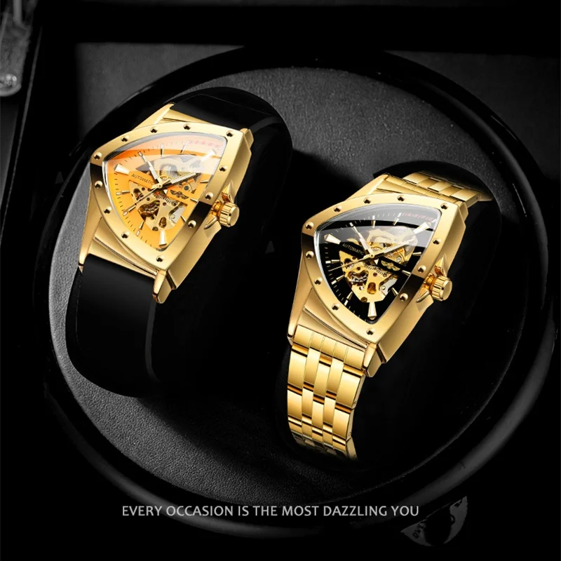 WINNER 395S Luxury Men\'s Mechanical Watches Gold Stainless Steel Top Brand Waterproof Triangle Skeleton Business Male Wristwatch