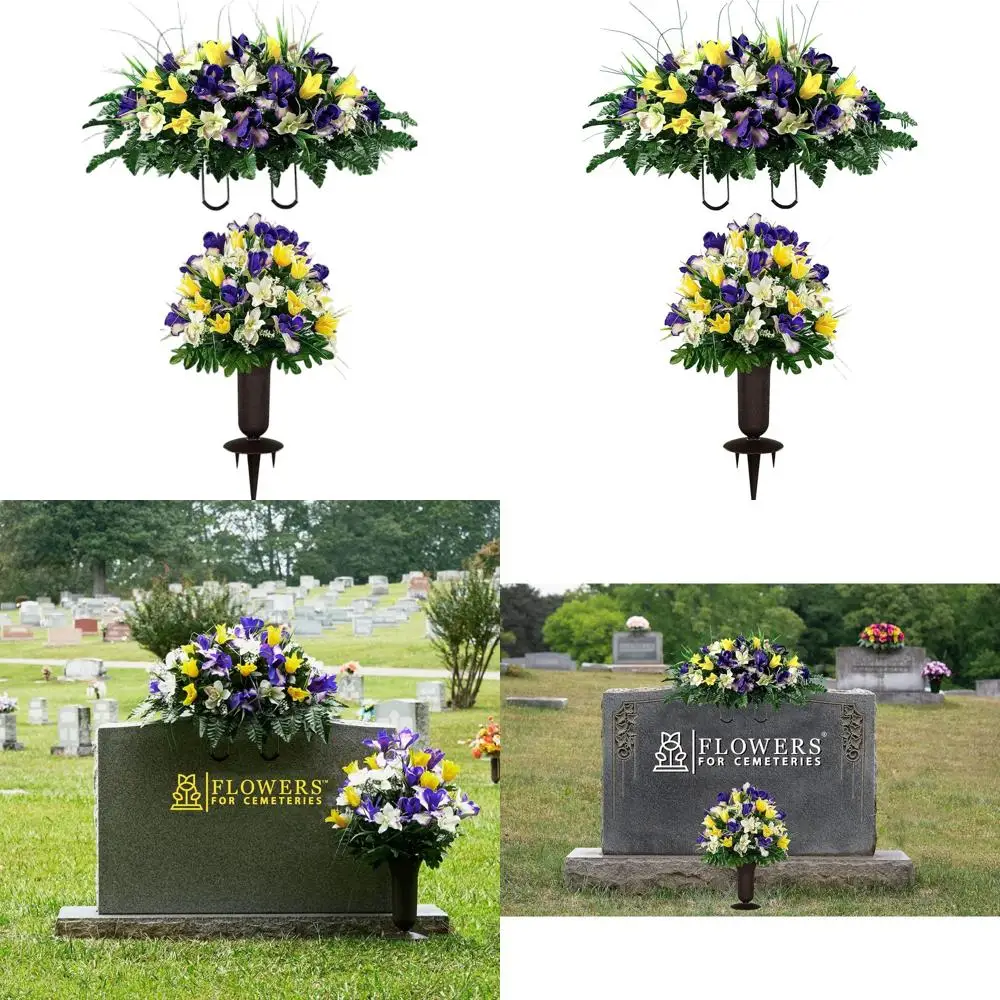 

Элегантные украшения для кладбища: желтые тюльпаны, фиолетовые ирисы, камень, букет, ваза