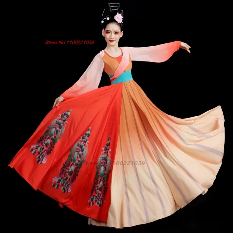 

2024 traditional chinese dance costume vintage gradient color chiffon dress stage performance practice ancient folk dance dress