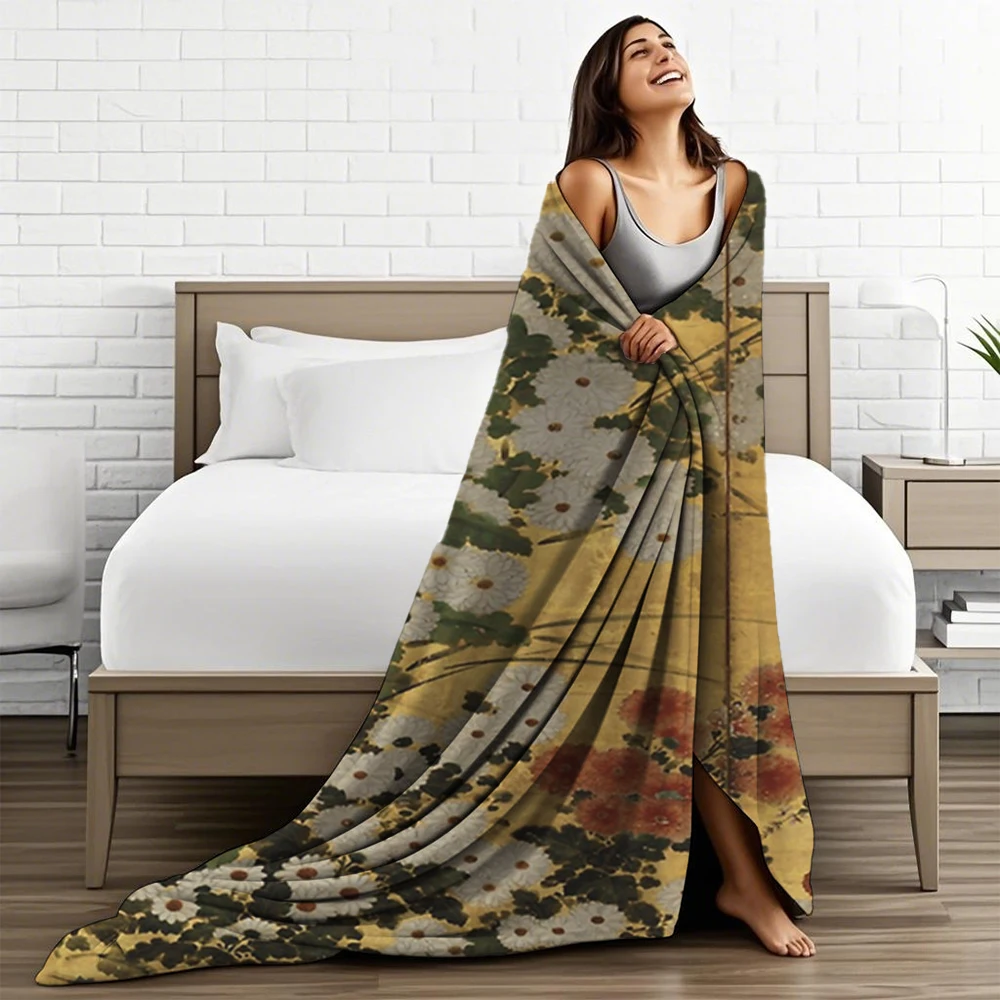 الربيع/الخريف الصوف بطانية أبيض أحمر أقحوان الأزهار اليابانية الذهب شاشة طباعة رمي غطاء لحاف الأوروبية الكلاسيكية