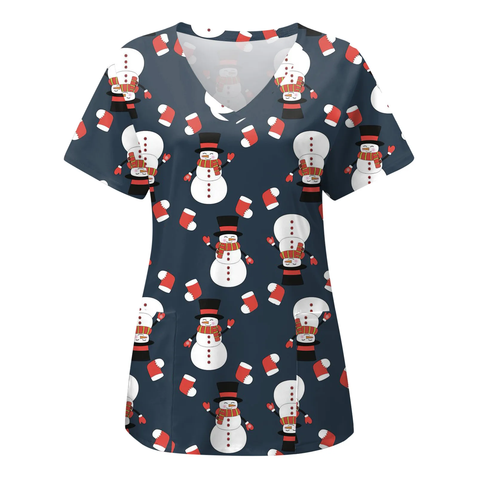 Christmas Nurse Uniform Scrubs Tops Womens Xmas Cartoon Elk Print Short Sleeve Pocket Overalls Uniforms Medical Nursing Blouse