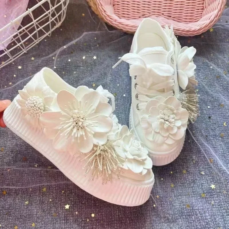 Spring Summer New College Style Lace Up Canvas Shoes Heavy Industry Water Diamond Flower Sweet Flat Shoes 2024 Women's Sneakers