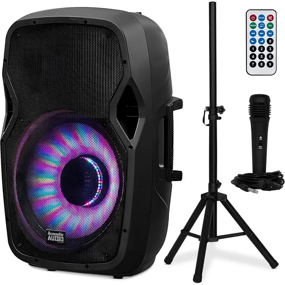

1000W Bluetooth Speaker with LED Lights, Portable PA System with Stand, Microphone, and Remote for Karaoke, DJ, or Party Events