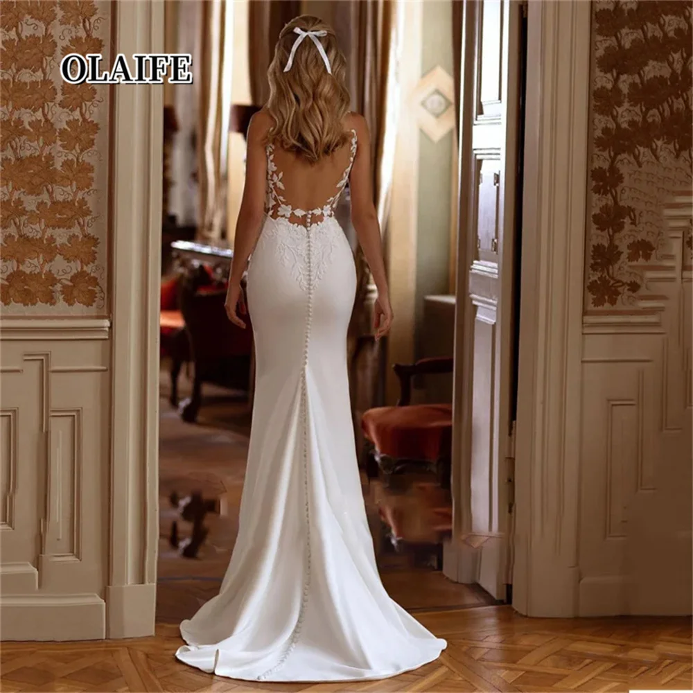 Elegant Mermaid Wedding Dresses Women Open Back V-Neck Lace Spaghetti Straps Bridal Gown Sweep Train Vestidos De Novia