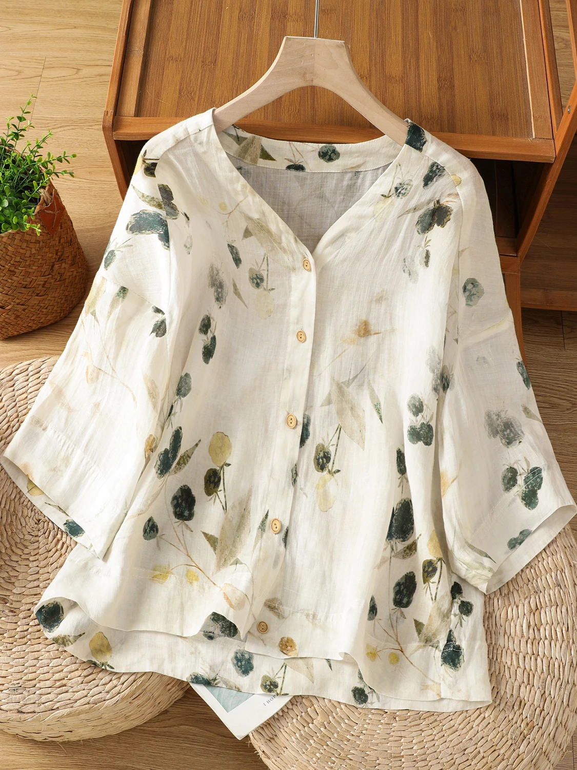 

Retro Print Cotton Linen ort irt Outerwear Large Size Women's Thin V-Ne irt ort Sve Open Cardigan Summer Outerwear