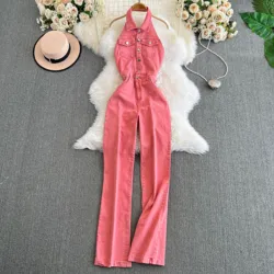 Women Rose Jumpsuit Halter Sleeveless One Breasted Wide Leg Overall Solid Wide Leg Bodysuits for Female Pink Backless Long Jeans