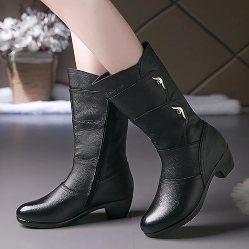 Comemore High Boot For Women Black Pu Faux Leather 2023 Women\'s Shoes Mid-calf Boots Non Slip Spring Winter Shoes Comfortable 42