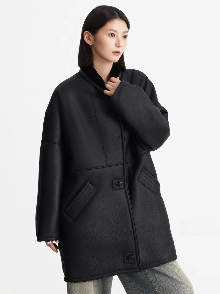 

High-end Luxury Merino Sheep Fur Winter Jackets for Women Simple Vintage Mid-length Black Genuine Leather Real Lamb Fur Coat