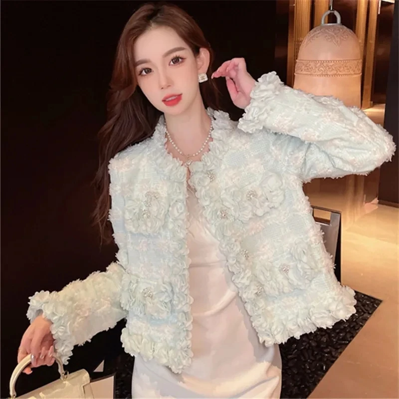 Women Autumn And Winter 2022 New Heavy Industry 3D Flower Trim Single Breasted Woolen Short Coat Luxury Ladies Jacket