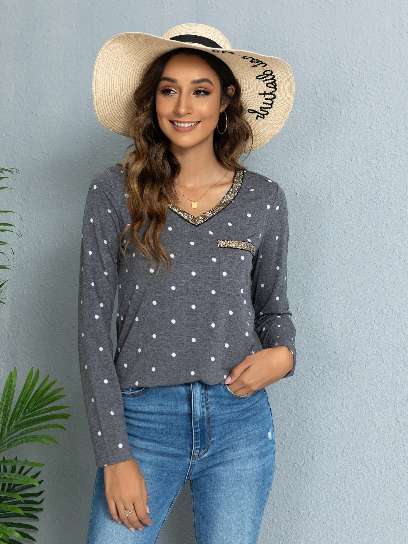 LEVACA Sequin Trim Polka Dot  Pocket V Neck Asymmetrical Hem Casual Tee For Womens