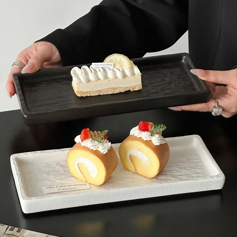 Marble-pattern Rectangular Ceramic Plate for Breakfast Fruits and Desserts Black and White Matte Cake Snack Sushi Serving Plate