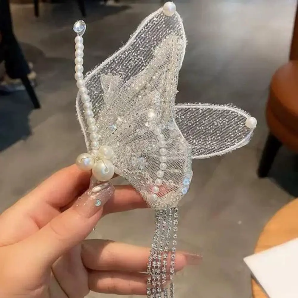 Jepit Rambut Kupu-kupu Rumbai Elegan Berhias Mutiara Besar Jepit Jala Peri Model Duckbill untuk Cosplay