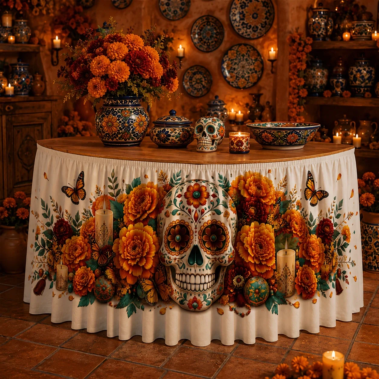 One tablecloth or table skirt - Halloween sugar skulls marigold butterfly candles floral pattern table decoration